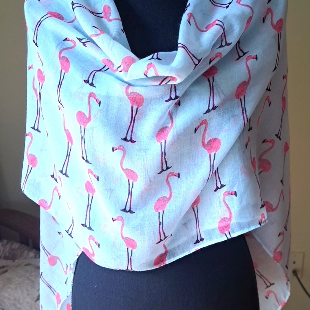 Ladies XLong Scarf with Flamingos and Tassels